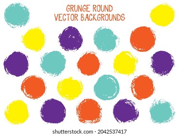 Círculos de grunge vectorial. Sintonías de textura de estampado rígido de los fondos de etiquetas raspadas. Etiqueta circular, forma de logotipo de tiza, elementos de botón redondo. Conjunto de fondos de la pancarta de forma redondeada.