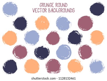 Vector grunge circles. Trendy post stamp texture circle scratched label backgrounds. Circular icon, badge shape, round button elements. Grunge round shape banner backgrounds set.