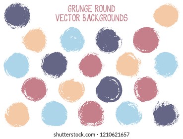 Vector grunge circles. Trendy post stamp texture circle scratched label backgrounds. Circular icon, chalk logo shape, oval button elements. Grunge round shape banner backgrounds set.