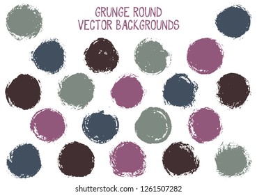 Vector grunge circles. Trendy post stamp texture circle scratched label backgrounds. Circular icon, ink logo shape, oval button elements. Grunge round shape banner backgrounds set.