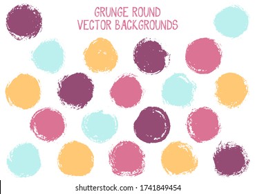 Vector Grunge Kreise. Trendy Post-Stempel Textur Kreis kratzte Label Hintergründe. Circular Tag Icon, Kreidelogo Form, runde Button Elemente. Runde Grunge Form Banner Hintergrund gesetzt.