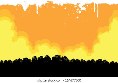 Vector grunge city background of warm colors.