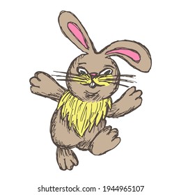 Vector grunge clipart of cheerful jumping rabbit isolated on white background. Cute easter character. Hand-drawn shaded drawing. Cartoon kids animal doodle