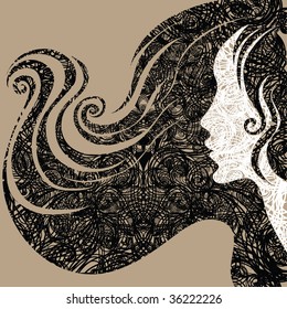 Vector grunge Closeup decorative vintage woman with beautiful long hair
