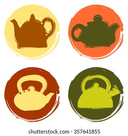 Vector grunge color logo teapot set isolated.