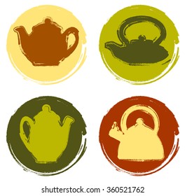 Vector grunge color logo teapot set isolated.