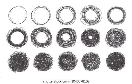Vector grunge doodle style sketch circle frames set dirty dry brush, pencil strokes rough border abstract shape background promotion badge advertising commercial design template. Isolated illustration