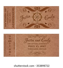 Vector Grunge Double Sided Ticket for Wedding Invitation and Save the Date with steering wheel and elegant floral curl. Element for wedding designs, web, logo, and other holiday romantic projects.