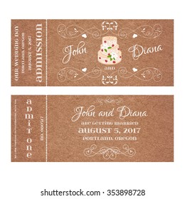 Vector Grunge Double Sided Ticket for Wedding Invitation and Save the Date with cake and roses and elegant floral curl. Element for wedding designs, web, logo, and other holiday romantic projects.