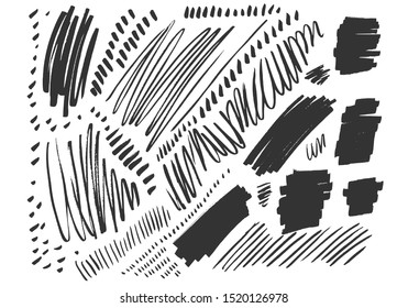 Vector grunge elements. Set of grungy hand drawn scribblesh, brushstrokes and dots isolated on white. Universal creative contemporary design elements. EPS10 vector illustration