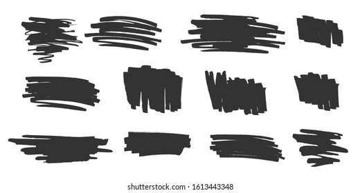 Vector grunge elements. Set of grungy hand drawn scribbles, marker strokes and highlight frame backgrounds isolated on white. Universal creative contemporary design elements. EPS10 vector illustration