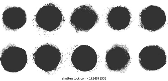 Vector grunge elements. Set of grungy hand drawn round frame backgrounds, frames isolated on white. Chinese, Japanese, Korean traditional ink brush circles. Expressive vector illustration template