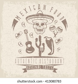 vector grunge emblem of restaurant with skull in mexican sombrero