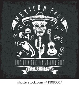 vector grunge emblem of restaurant with skull in mexican sombrero