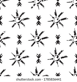 Vector grunge ethnic and tribal motifs seamless pattern background. Black and white backdrop with star symbols and arrow shapes. Hand drawn painterly brush stroke design. All over print for packaging