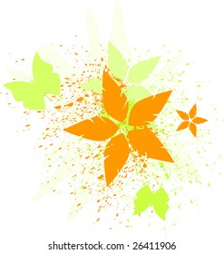 Vector grunge floral background, green and orange. Isolated on white, vector