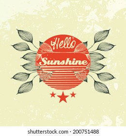 Vector grunge floral background with sun, hello summer