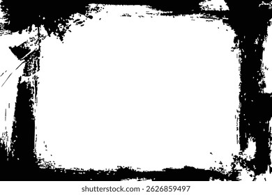 Vector grunge frame overlay in black. Distressed, textured border with rough brush-stroked edges. Ideal for adding an edgy, vintage, or artistic effect to photos, posters, or graphic designs.