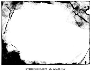 Vector grunge frame overlay with scratches, dirt, and damaged paper texture. Monochrome distress border element for vintage, photo, film, and abstract background concepts.