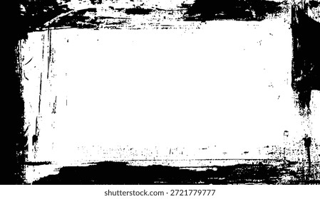 Vector grunge frame. Scratchy eroded edge vintage border. Rough distressed texture, cracks, dirt. Black brush stroke marks. Old grungy punk poster element. Abstract photo frame background illustration