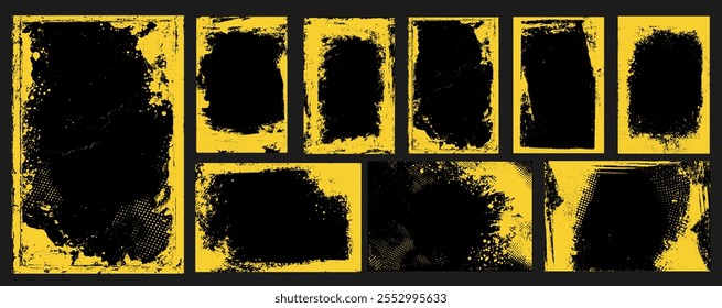 Quadro grunge vetor com pinceladas de tinta de meio-tom amarelas e traçados de pincel áspero. Fundo abstrato com elementos de design escuro e criativo perfeito para cartazes de eventos musicais.