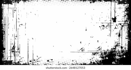 Vector grunge frame.Black and white distress background black ink brush painting blank frame border picture artistic grunge graphic element Banner halftone overlay. Retro vintage background