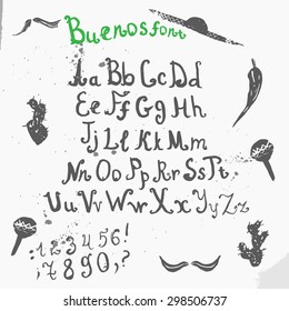 Vector Grunge full Handwritten calligraphic ink alphabet with sombrero, cactus and mustache.EPS10