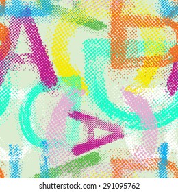 Vector grunge halftone alphabet seamless background.