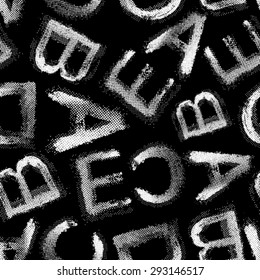 Vector grunge halftone alphabet seamless background. Black and white seamless background.