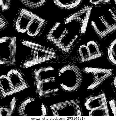 Vector grunge halftone alphabet seamless background. Black and white seamless background.