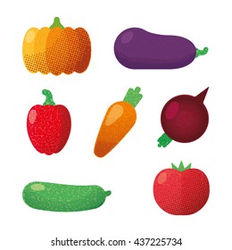 Vector grunge halftone dots food organic vegetables set. Carrot pepper tomato eggplant pumpkin cucumber