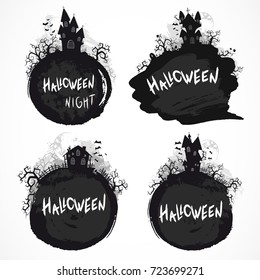 Vector grunge Halloween illustrations with castles, house and hand-drawn lettering. Monochrome.