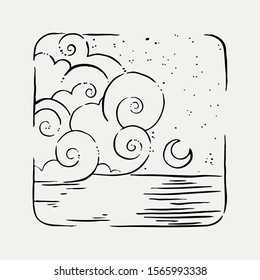 Vector grunge hand drawn seascape. Sketch lined illustration with ocean and clouds