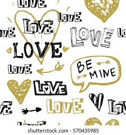 Vector grunge hand drawn Valentine's Day seamless pattern design in trendy golden and black colors