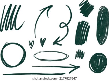 Vector grunge hand drawn watercolor set of pastel pencil illustrations of brush strokes, arrows, sketches, ink stains and circles. Ideal for print, stickers, collage, graphic design and other creative
