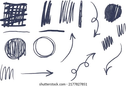 Vector grunge hand drawn watercolor set of pastel pencil illustrations of brush strokes, arrows, sketches, ink stains and circles. Ideal for print, stickers, collage, graphic design and other creative