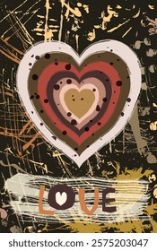 Vector grunge hand painted boho heart poster, greeting card in earthy brown tones with texture with paint splatters, scratches and dots