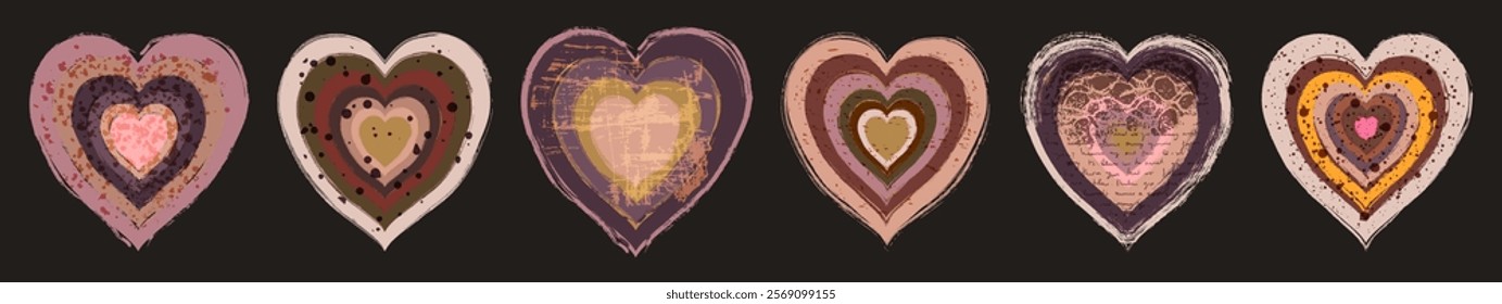 Vector Grunge Heart Illustration Set, Hand Painted Rustic Abstract Geometric  Shapes