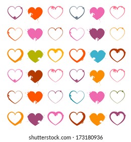 Vector Grunge Heart Symbols Set Isolated on White Background