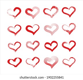 Vector grunge hearts. Hand drawn red love heart icons for Valentine's day and wedding. Elements isolated on transparent background.  Heart scribble sketch for web, wallpaper, greeting card.