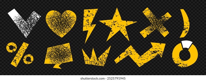 Vector grunge icons of stars, hearts, arrows, crowns, speech bubbles and circles. Graphic elements on a black background. Business arrow up and strategy. Marketing, finance. Check mark icon. yellow