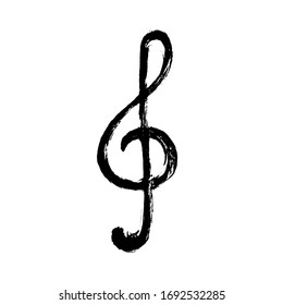 Vector grunge illustration of black brush stroke treble clef isolated on white background. Textured hand drawn musical symbol.