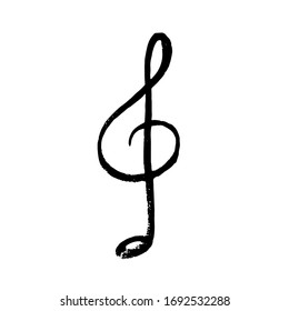 Vector grunge illustration of black brush stroke treble clef isolated on white background. Textured hand drawn musical element.
