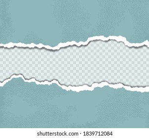Vector grunge illustration of blue torn paper edges with shadows. Template of ripped pages isolated on transparent empty background