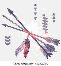 Vector grunge illustration of different ethnic arrows with feathers and splash
