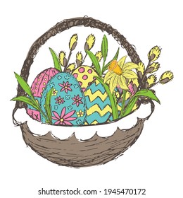 Vector grunge illustration of Easter basket with painted eggs and flowers. Colorful cartoon clipart of a round wicker basket with willow sprigs, daffodils and eggs, isolated on a white background