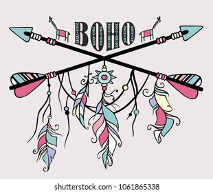 Vector grunge illustration ethnic arrows, feathers and dream catcher. Boho and hippie style poster.