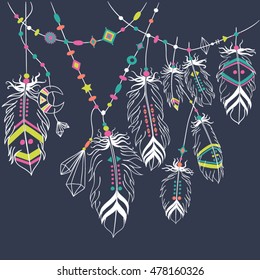 Vector grunge illustration with feathers, threads and beads. Boho style. Freedom concept. Boho indian feathers