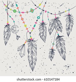 Vector grunge illustration with feathers, threads and beads. Boho style. Freedom concept. Vector feathers.