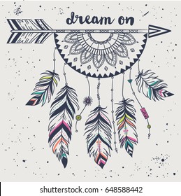 Vector grunge illustration with feathers, threads and beads. Boho style. Freedom concept. Boho indian feathers